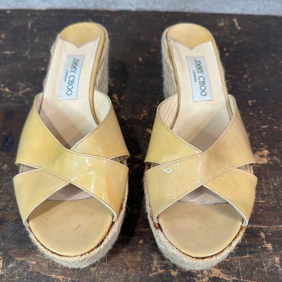 Jimmy Choo Beige Patent Leather Wedge Sandals US Size W10 - Picture 1 of 15